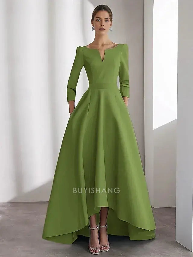 Elegant A-Line Cocktail Dresses Elegant Dress Formal Wedding Asymmetrical Long Sleeve V Neck Satin with Pocket Prom Dresses