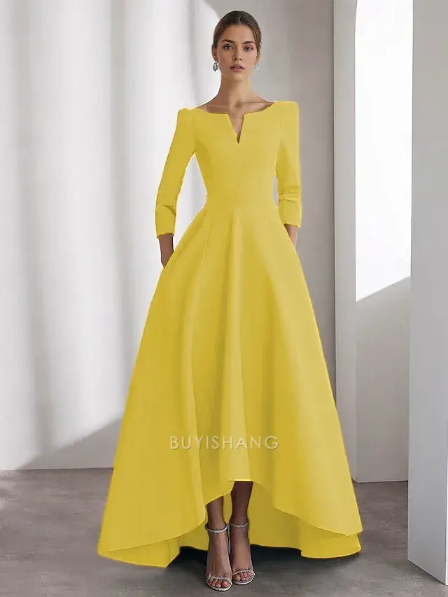 Elegant A-Line Cocktail Dresses Elegant Dress Formal Wedding Asymmetrical Long Sleeve V Neck Satin with Pocket Prom Dresses