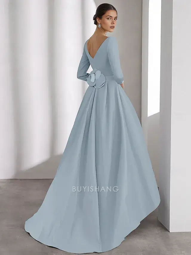 Elegant A-Line Cocktail Dresses Elegant Dress Formal Wedding Asymmetrical Long Sleeve V Neck Satin with Pocket Prom Dresses