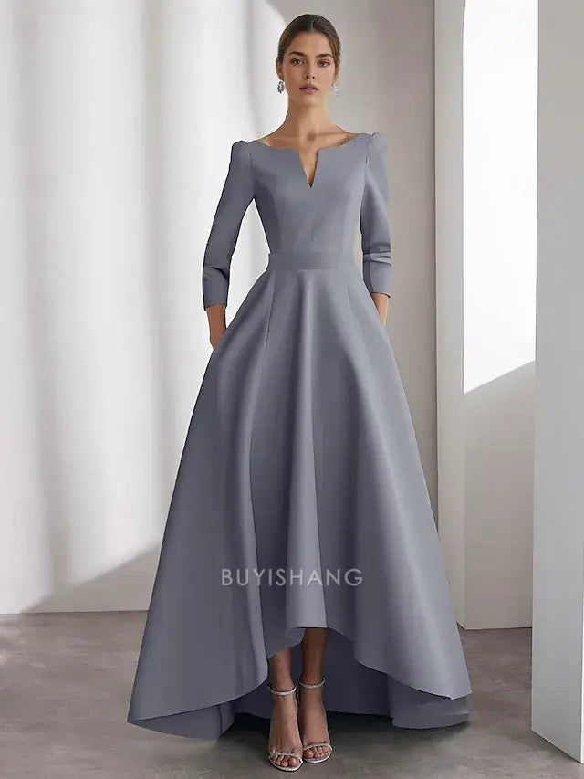 Elegant A-Line Cocktail Dresses Elegant Dress Formal Wedding Asymmetrical Long Sleeve V Neck Satin with Pocket Prom Dresses