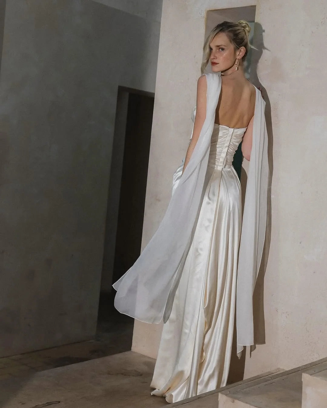 Elegant A-Line Cowl Neck Satin Ivory Floor-Length Wedding Dress