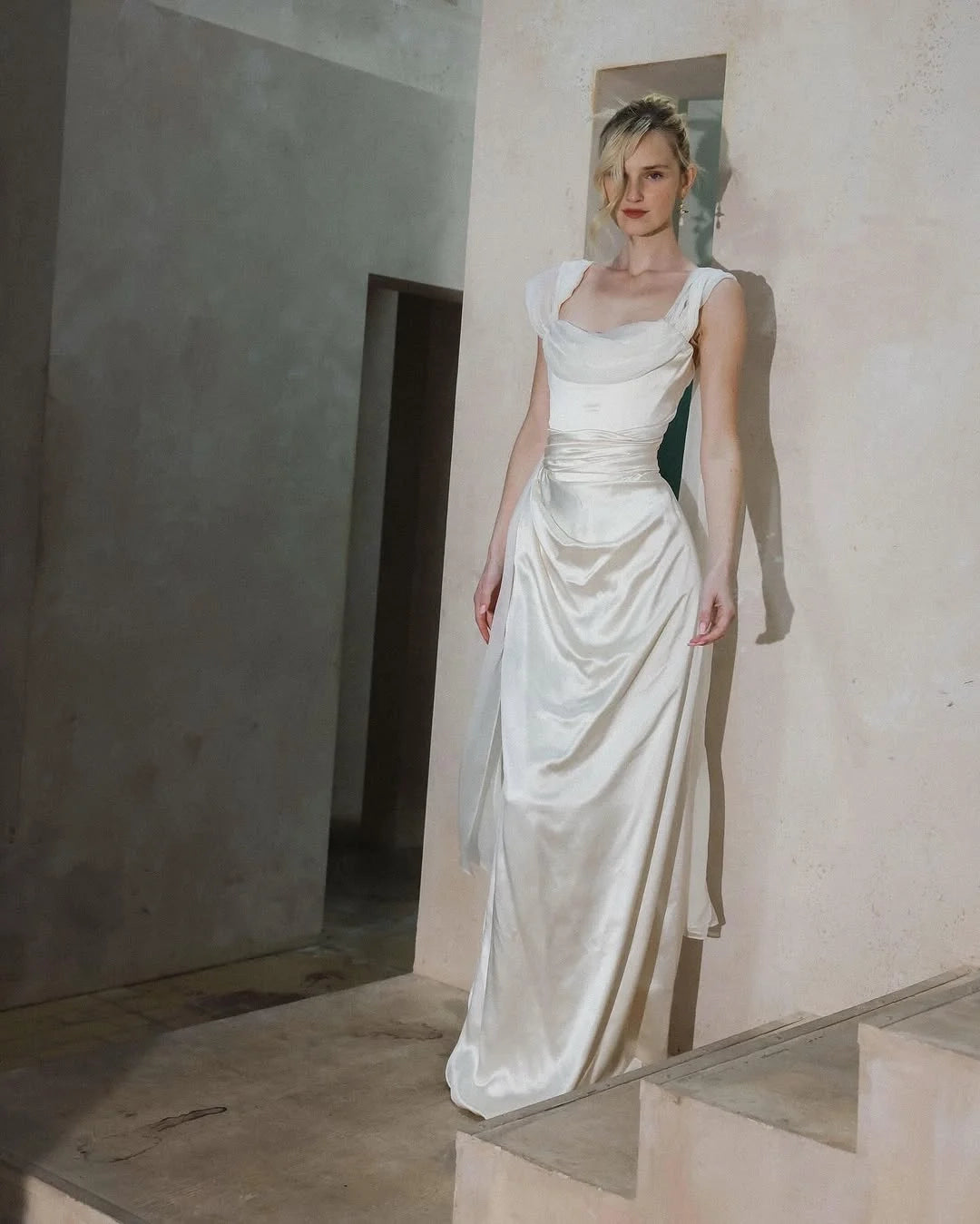 Elegant A-Line Cowl Neck Satin Ivory Floor-Length Wedding Dress