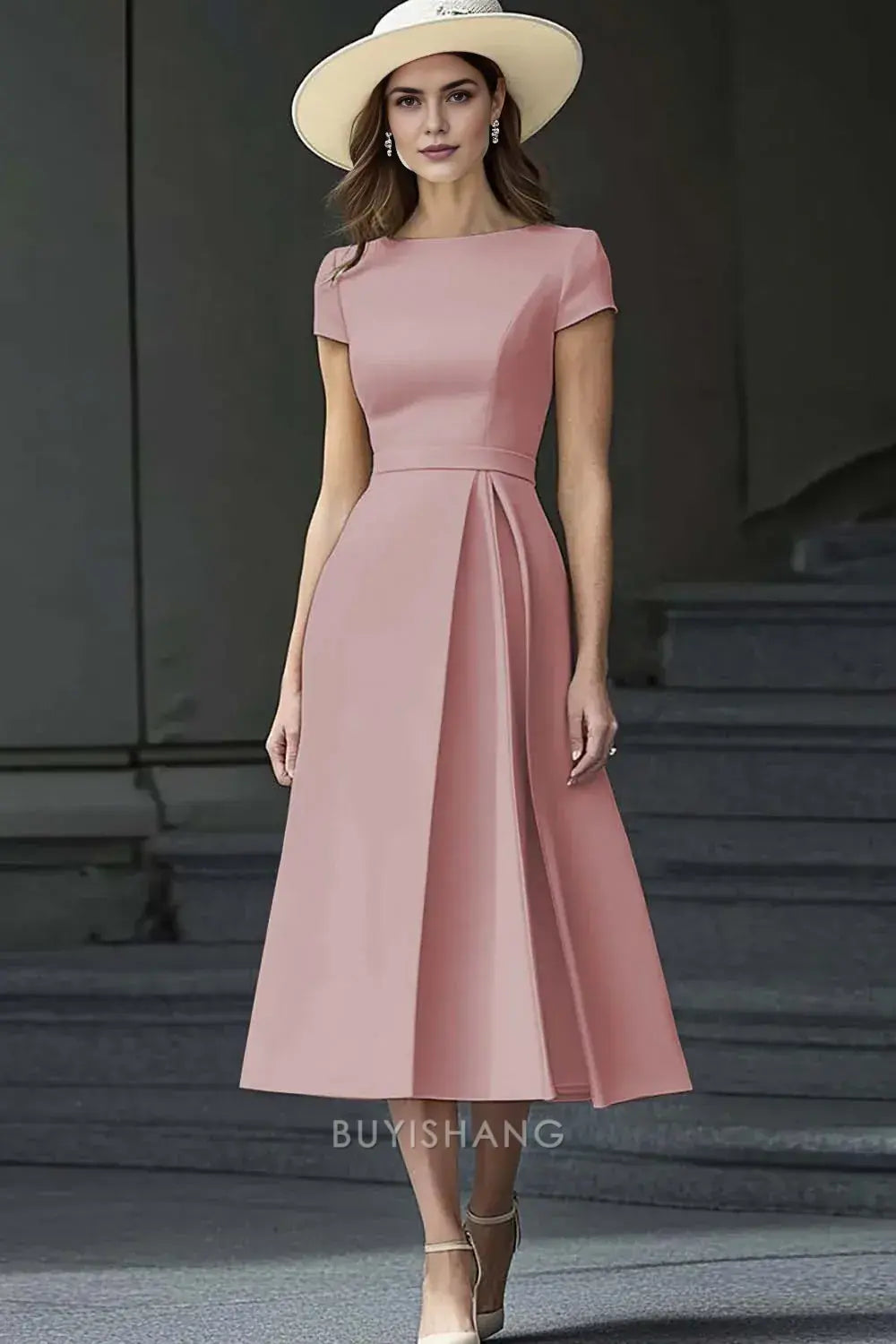 Elegant A-Line Crew Neck Short Sleeve Pleated Ankle-Length Midi Dress Prom Dress