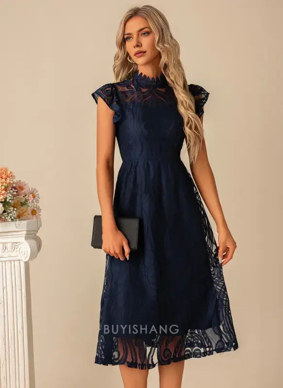 Elegant A-Line High Neck Illusion Ruffled Cap Sleeve Lace Midi Dress Prom Dresses