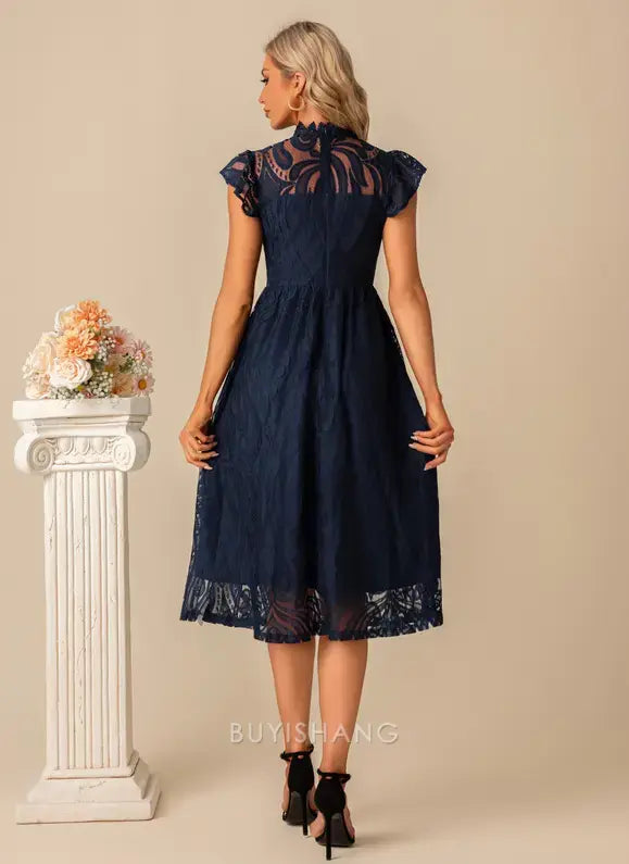Elegant A-Line High Neck Illusion Ruffled Cap Sleeve Lace Midi Dress Prom Dresses