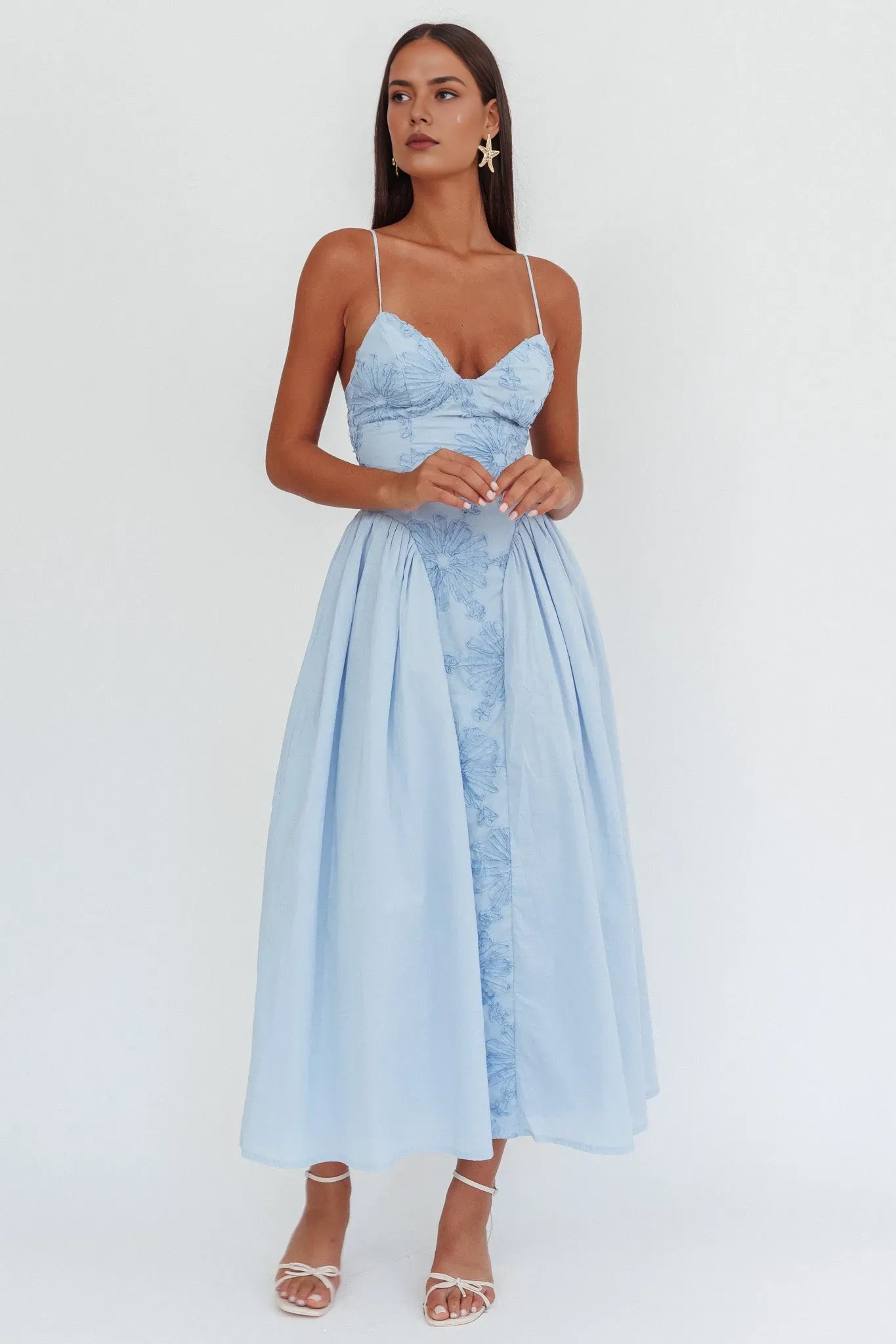 Elegant A-Line Light Blue Floral Embroidered Spaghetti Strap Midi Dress prom dress
