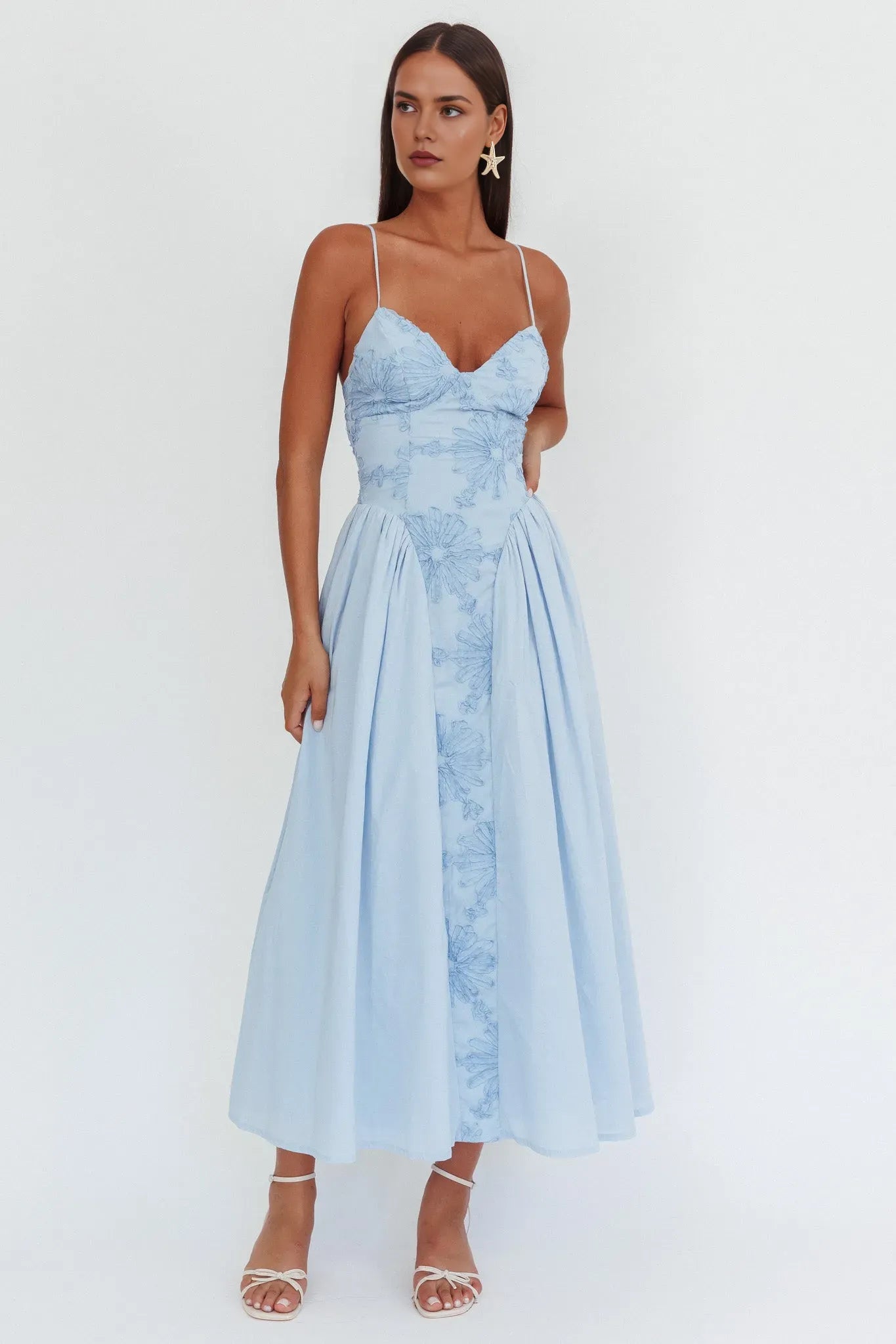 Elegant A-Line Light Blue Floral Embroidered Spaghetti Strap Midi Dress prom dress