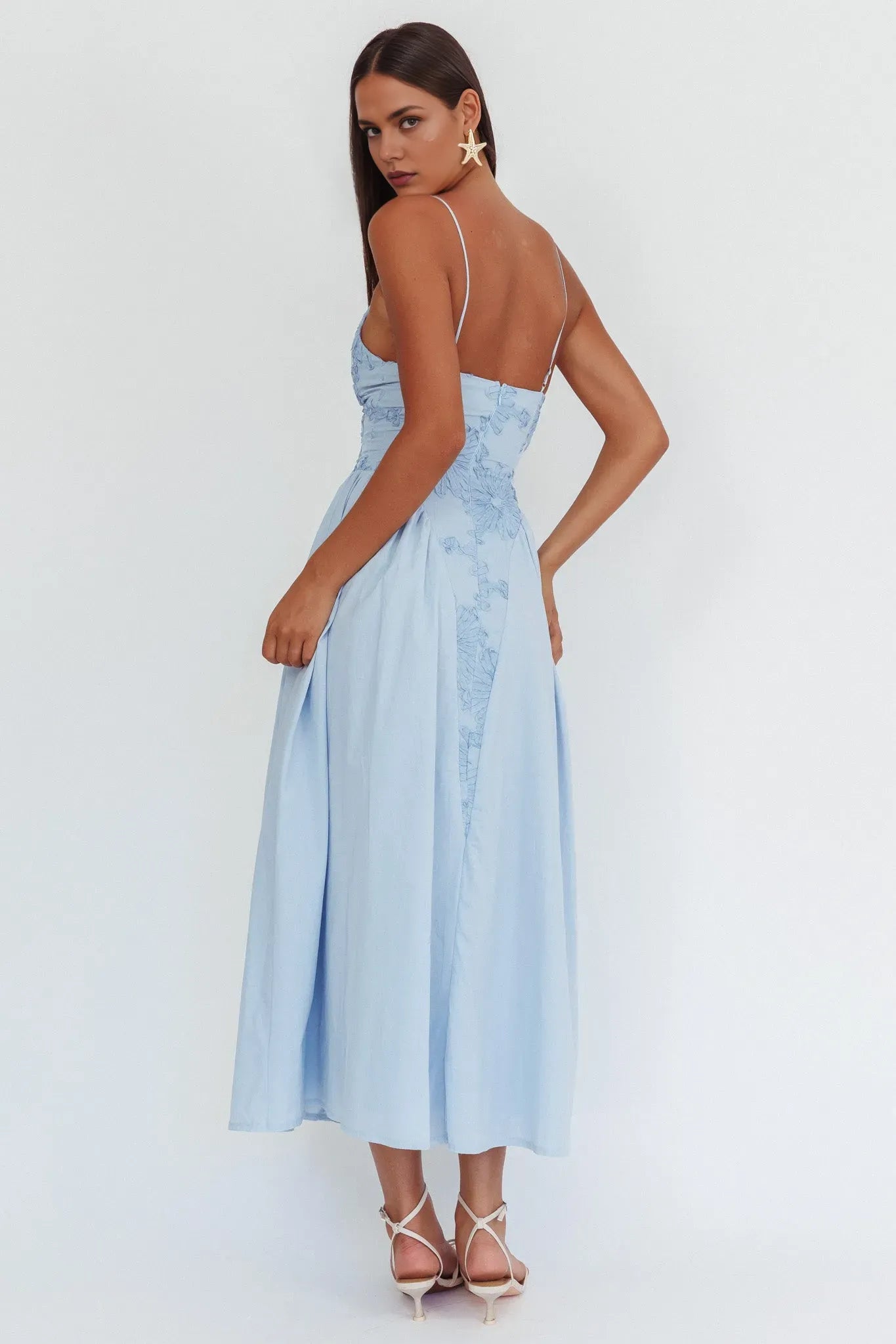 Elegant A-Line Light Blue Floral Embroidered Spaghetti Strap Midi Dress prom dress