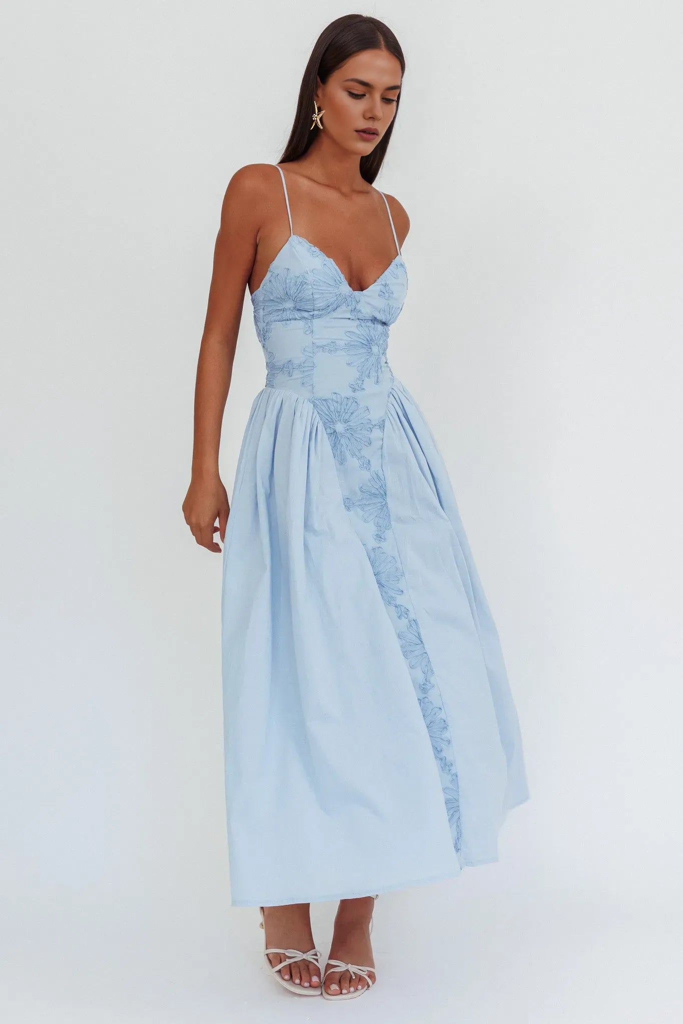 Elegant A-Line Light Blue Floral Embroidered Spaghetti Strap Midi Dress prom dress