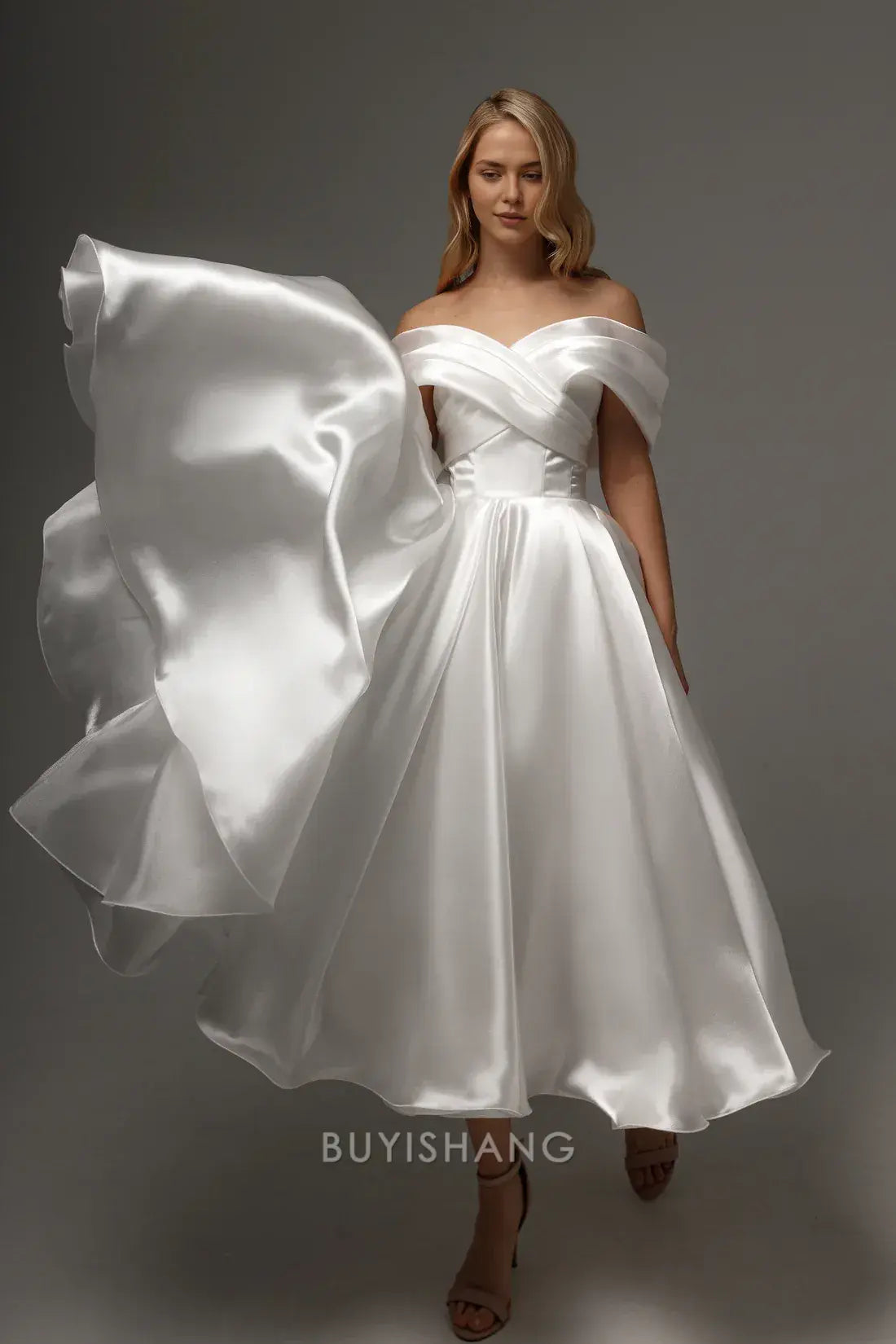 Elegant A-Line Off - Shoulder Satin Ankle-Length with Crisscross Back Prom Dress