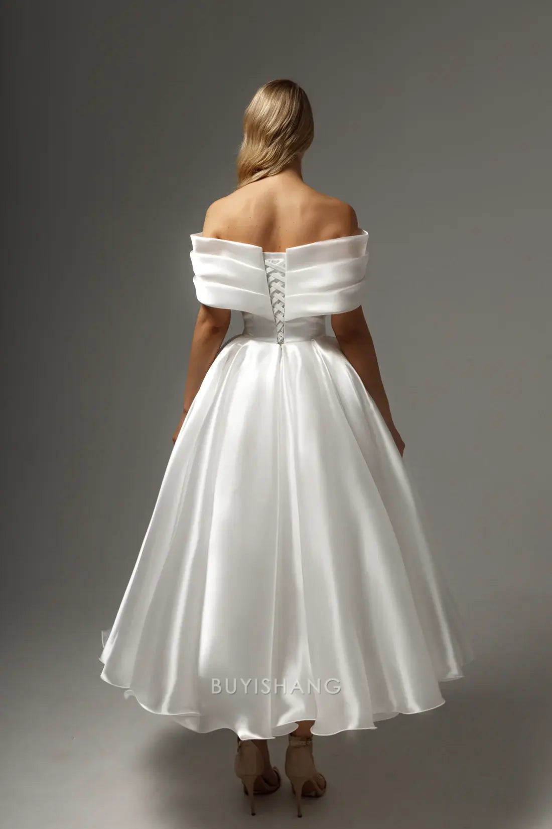 Elegant A-Line Off - Shoulder Satin Ankle-Length with Crisscross Back Prom Dress