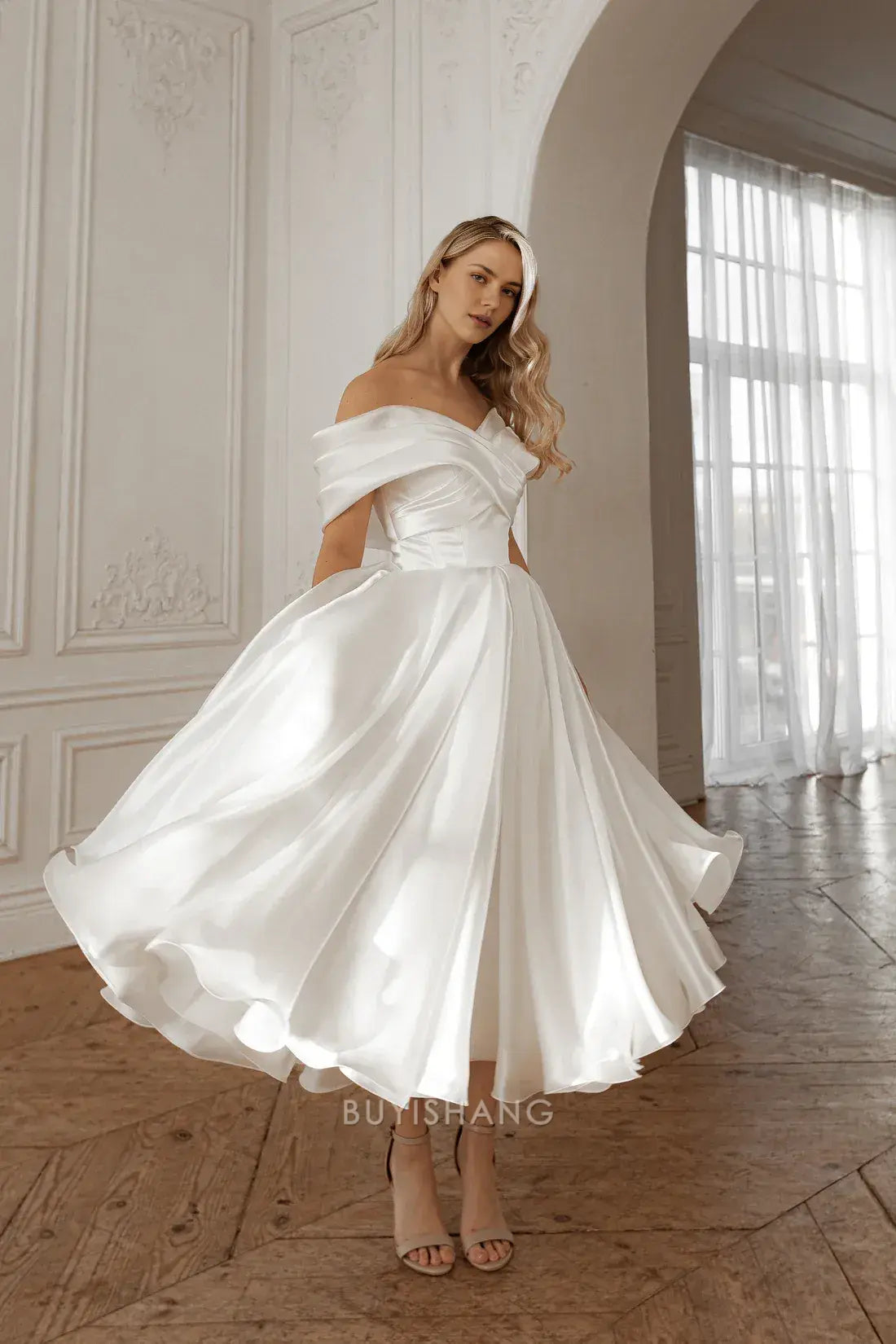 Elegant A-Line Off - Shoulder Satin Ankle-Length with Crisscross Back Prom Dress