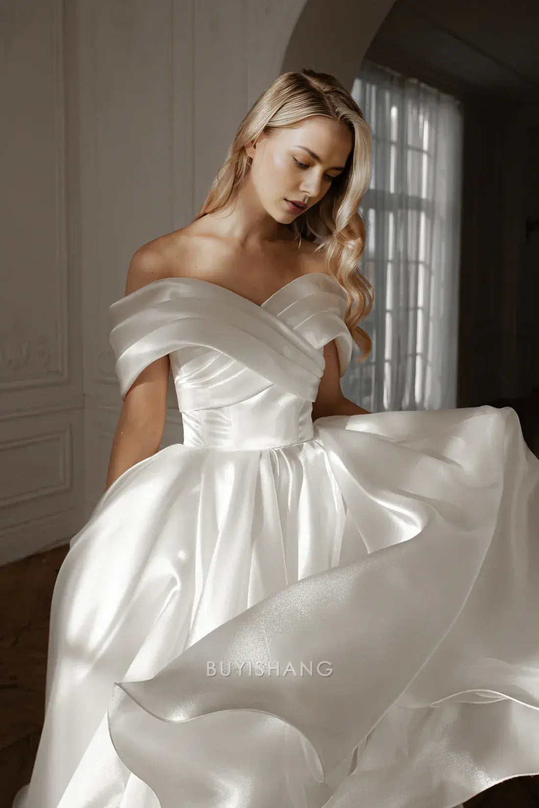 Elegant A-Line Off - Shoulder Satin Ankle-Length with Crisscross Back Prom Dress
