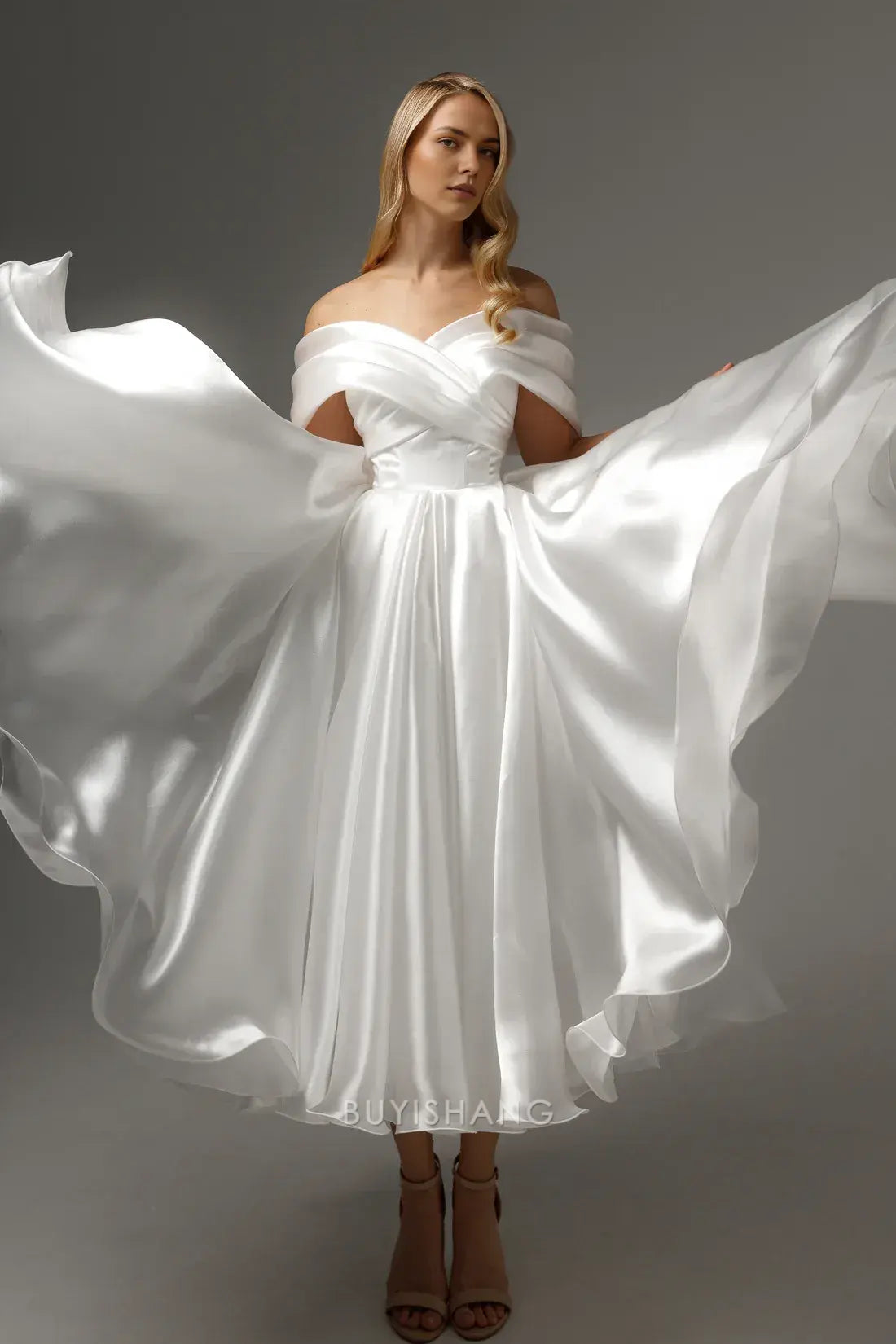 Elegant A-Line Off - Shoulder Satin Ankle-Length with Crisscross Back Prom Dress