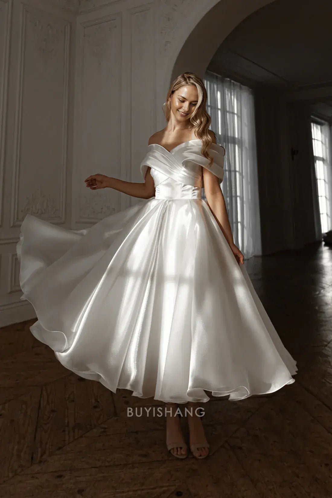 Elegant A-Line Off - Shoulder Satin Ankle-Length with Crisscross Back Prom Dress