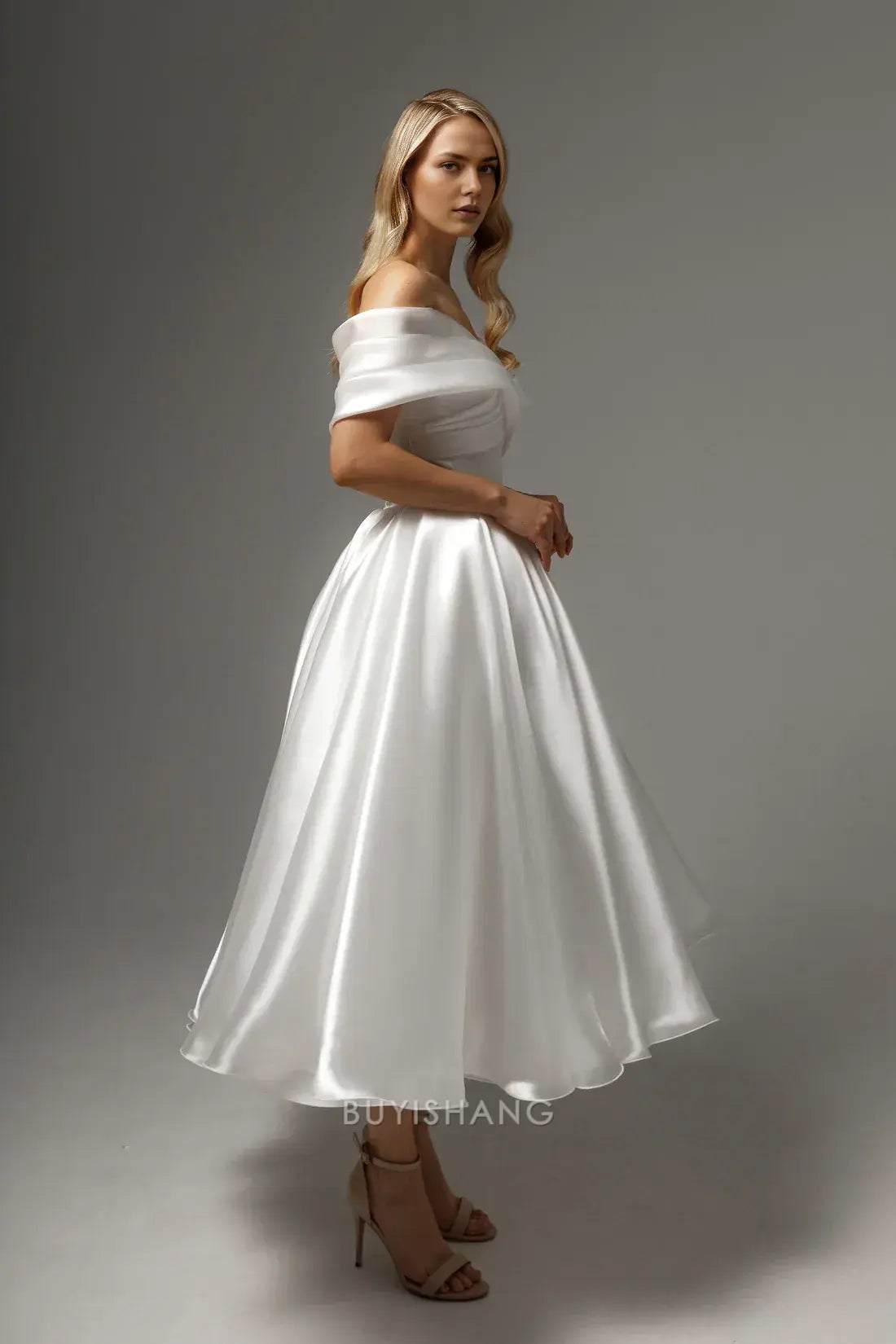 Elegant A-Line Off - Shoulder Satin Ankle-Length with Crisscross Back Prom Dress