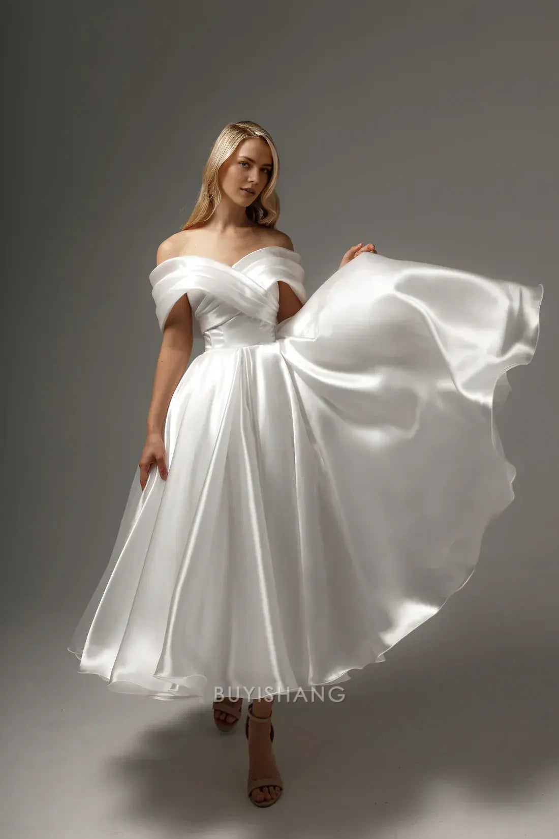 Elegant A-Line Off - Shoulder Satin Ankle-Length with Crisscross Back Prom Dress