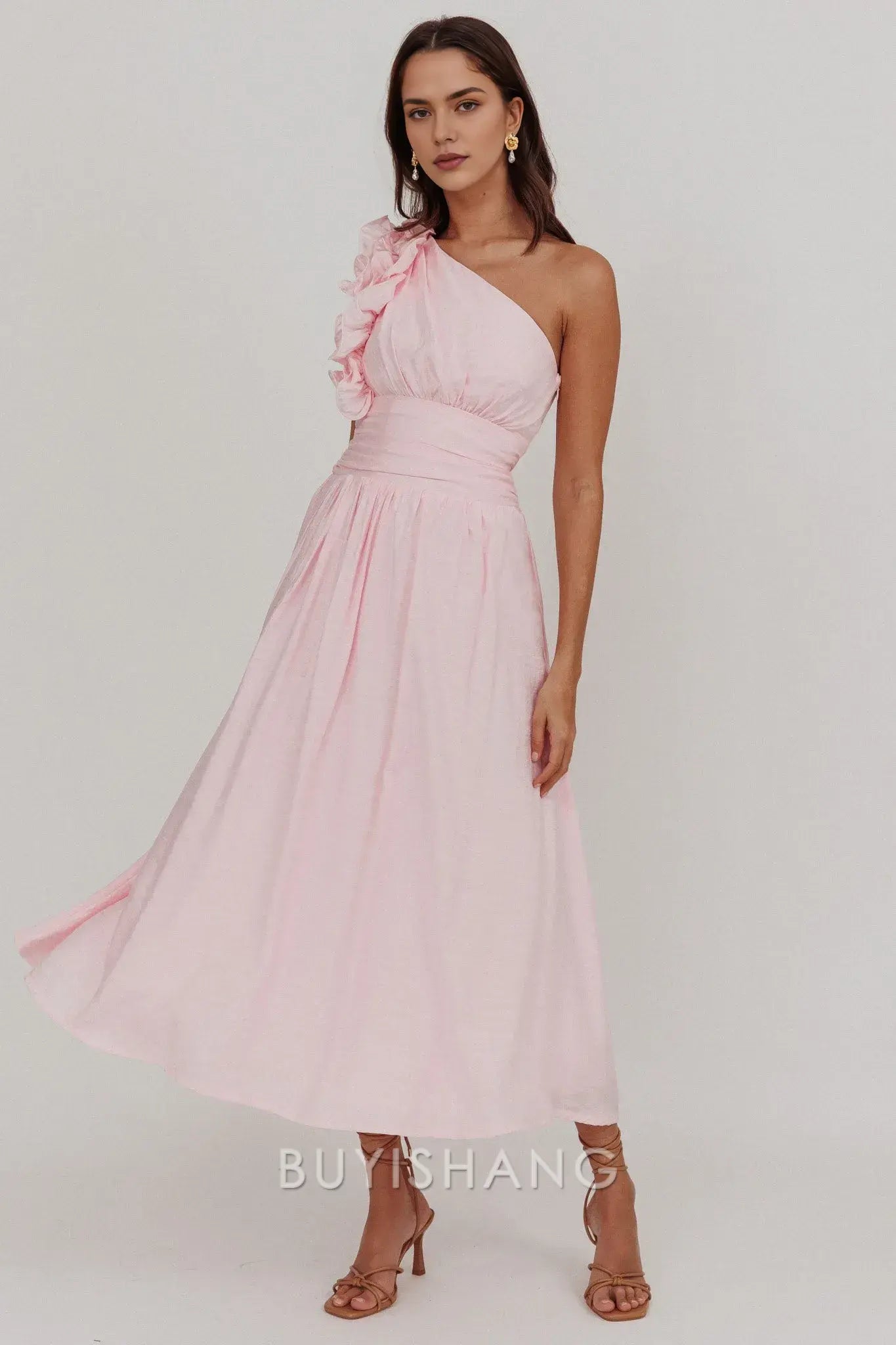 Elegant A-Line One - Shoulder Ruffle Ankle-Length Midi Dress prom dress