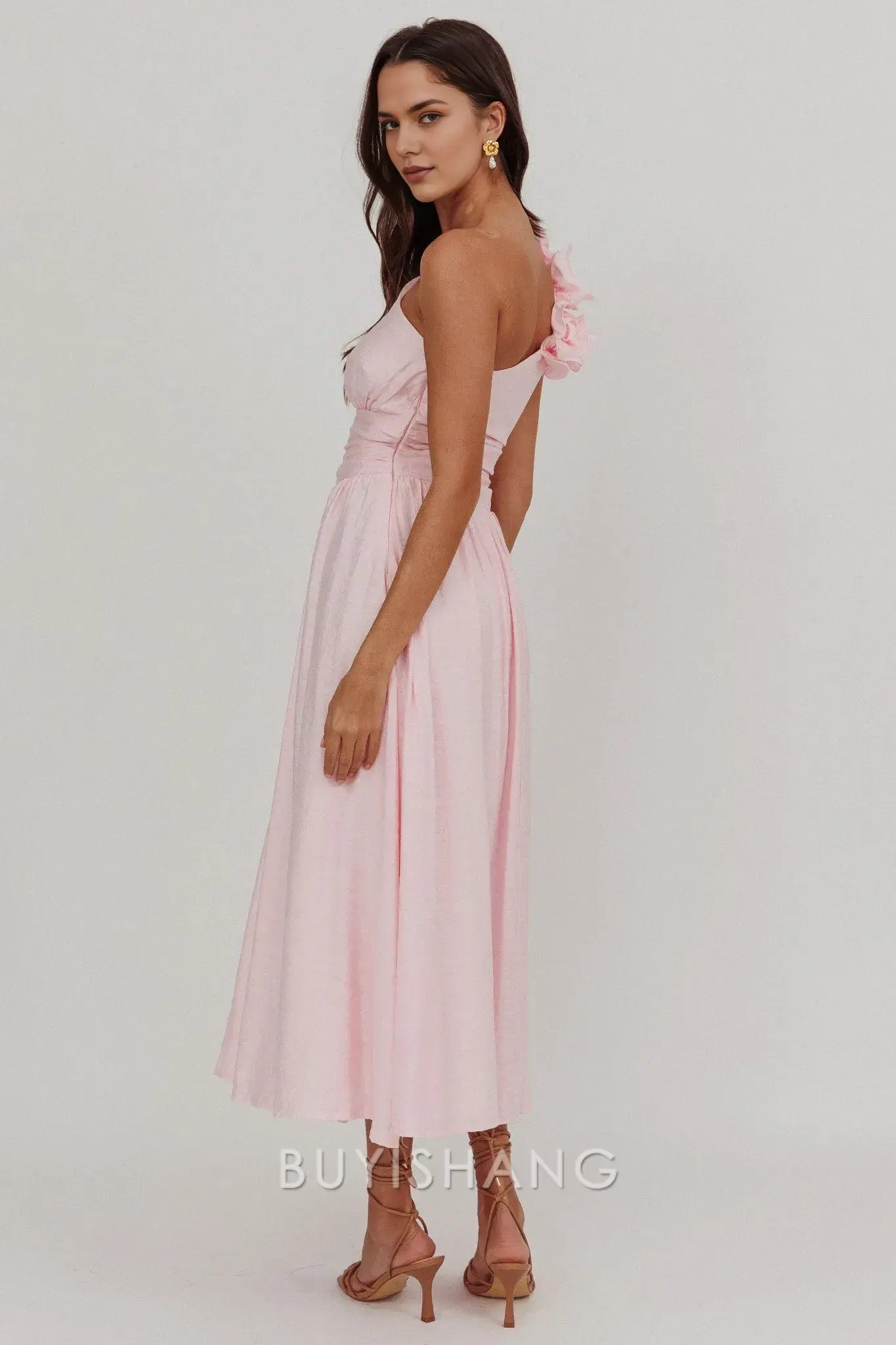 Elegant A-Line One - Shoulder Ruffle Ankle-Length Midi Dress prom dress