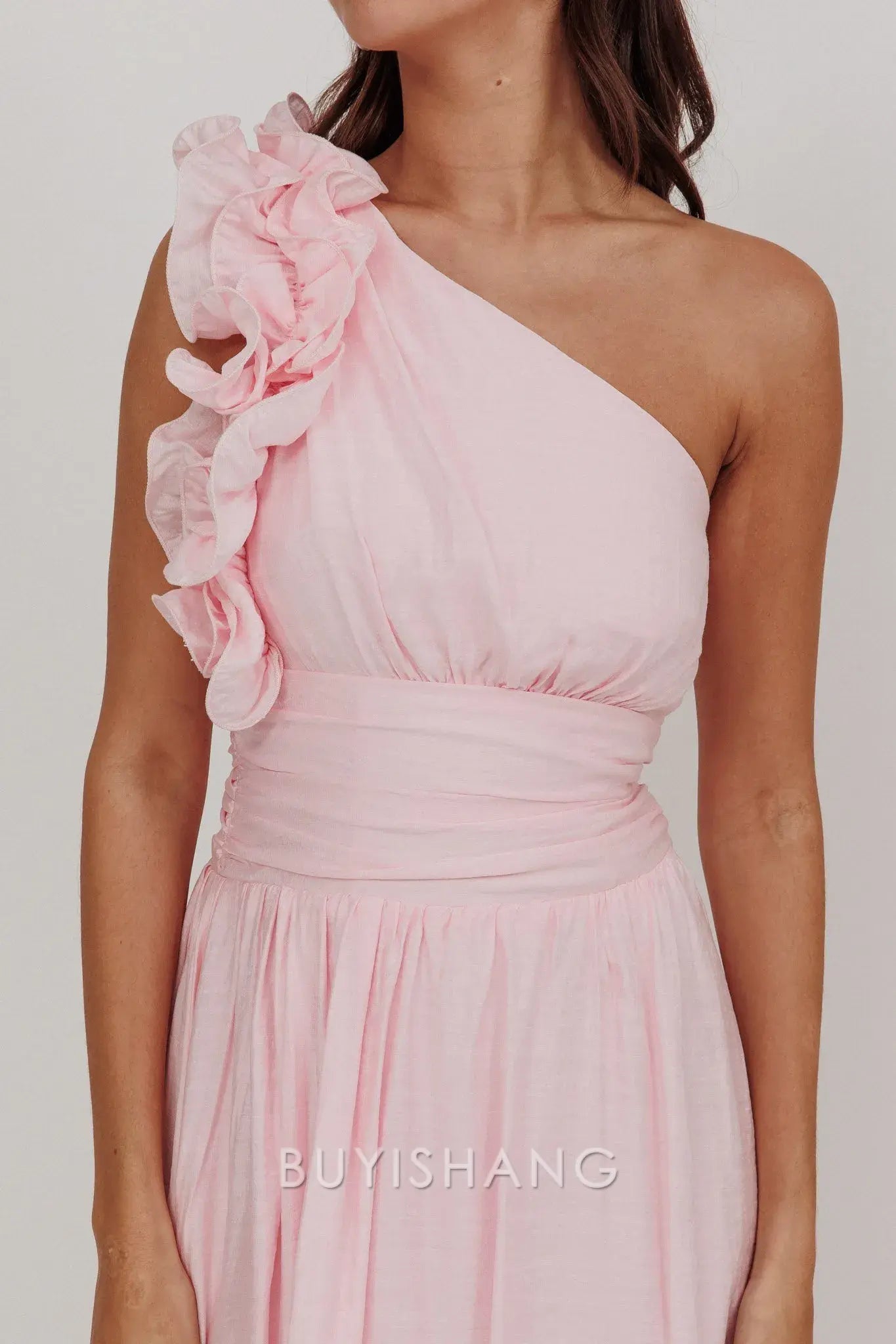 Elegant A-Line One - Shoulder Ruffle Ankle-Length Midi Dress prom dress