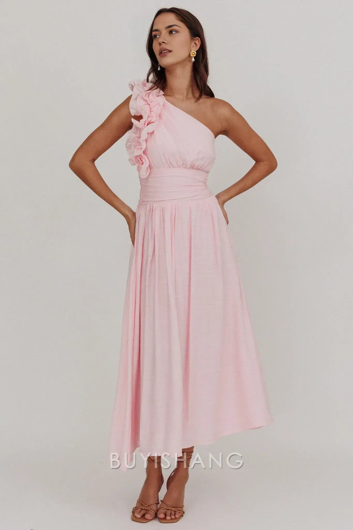 Elegant A-Line One - Shoulder Ruffle Ankle-Length Midi Dress prom dress