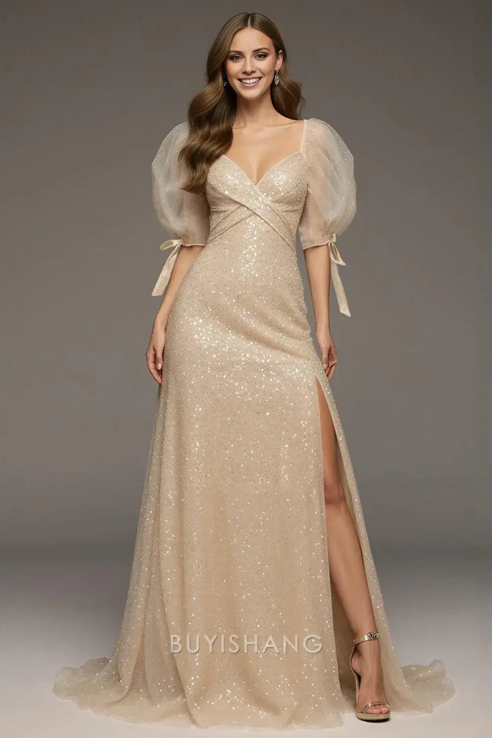 Elegant A-Line/Princess Sheer Puff Sleeve Sequin Maxi Dress with Deep V-Neck Prom Dress