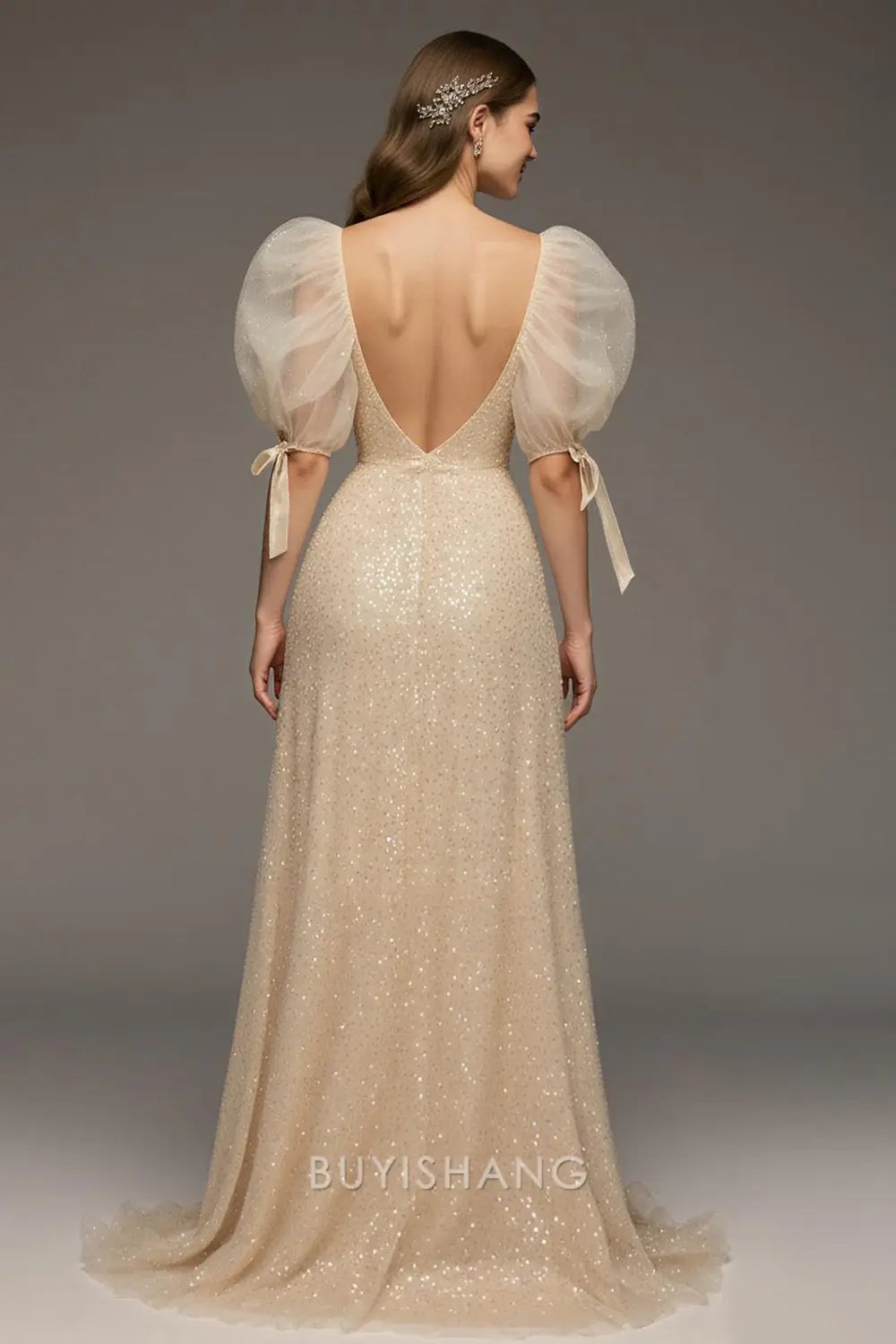 Elegant A-Line/Princess Sheer Puff Sleeve Sequin Maxi Dress with Deep V-Neck Prom Dress