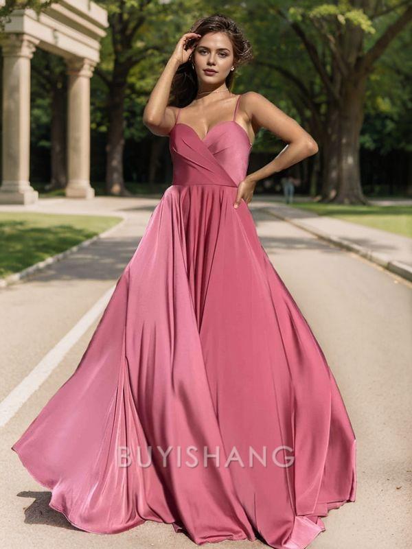 Elegant A-Line/Princess Silk like Satin Ruched Spaghetti Straps Sleeveless Floor-Length Dresses Prom Dress