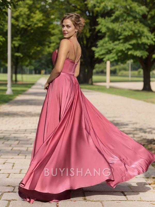 Elegant A-Line/Princess Silk like Satin Ruched Spaghetti Straps Sleeveless Floor-Length Dresses Prom Dress