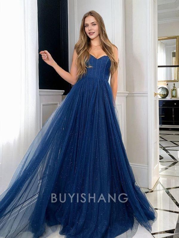 Elegant A-Line/Princess Tulle Sweetheart Sleeveless Sweep/Brush Train Corset Dresses Prom Dress