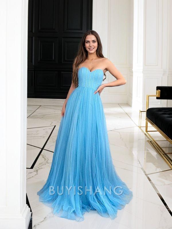 Elegant A-Line/Princess Tulle Sweetheart Sleeveless Sweep/Brush Train Corset Dresses Prom Dress