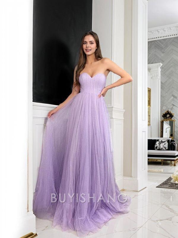 Elegant A-Line/Princess Tulle Sweetheart Sleeveless Sweep/Brush Train Corset Dresses Prom Dress