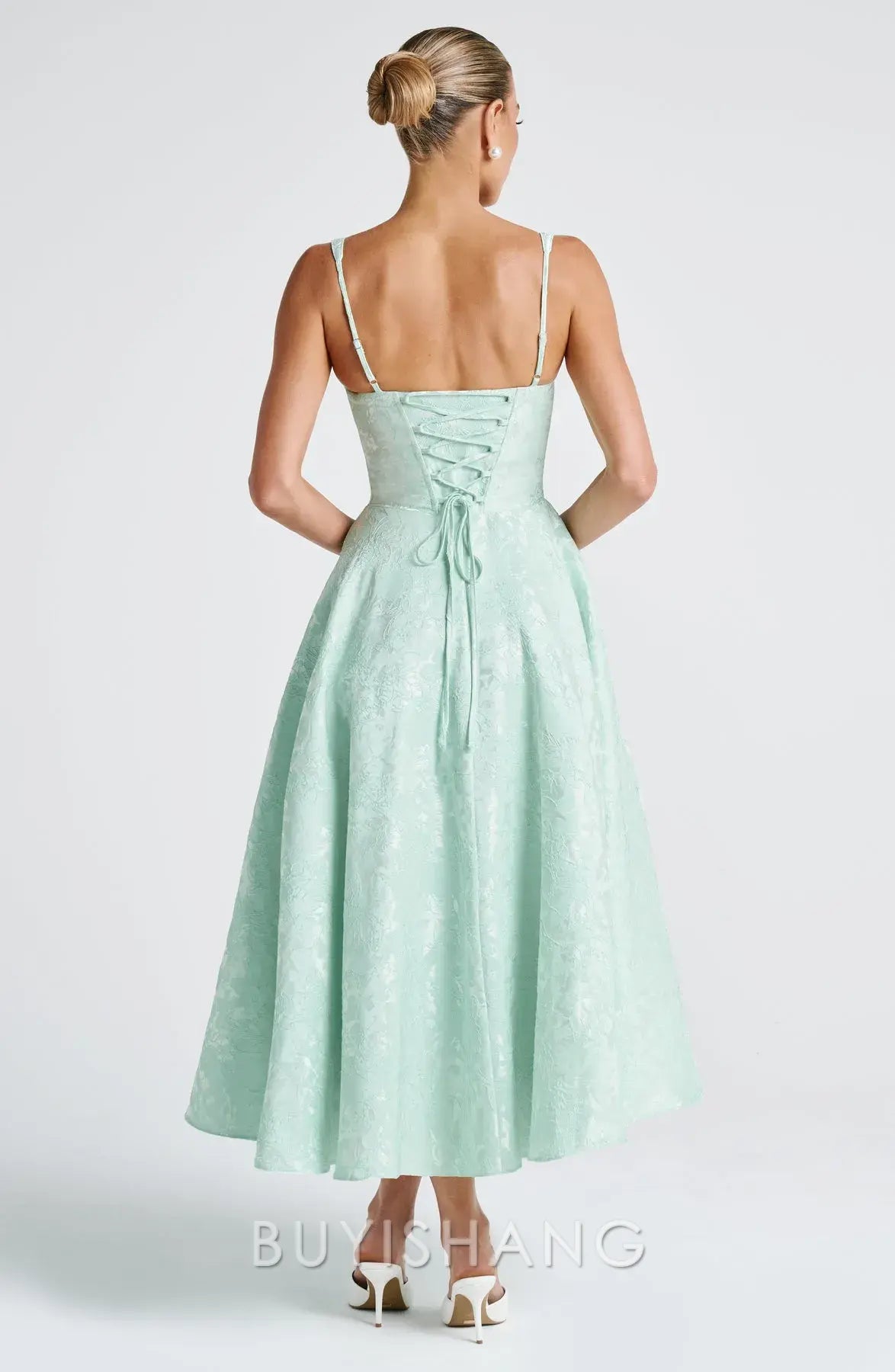 Elegant A-Line Spaghetti Strap Jacquard Midi Ball Gown with Corset Back Prom Dresses