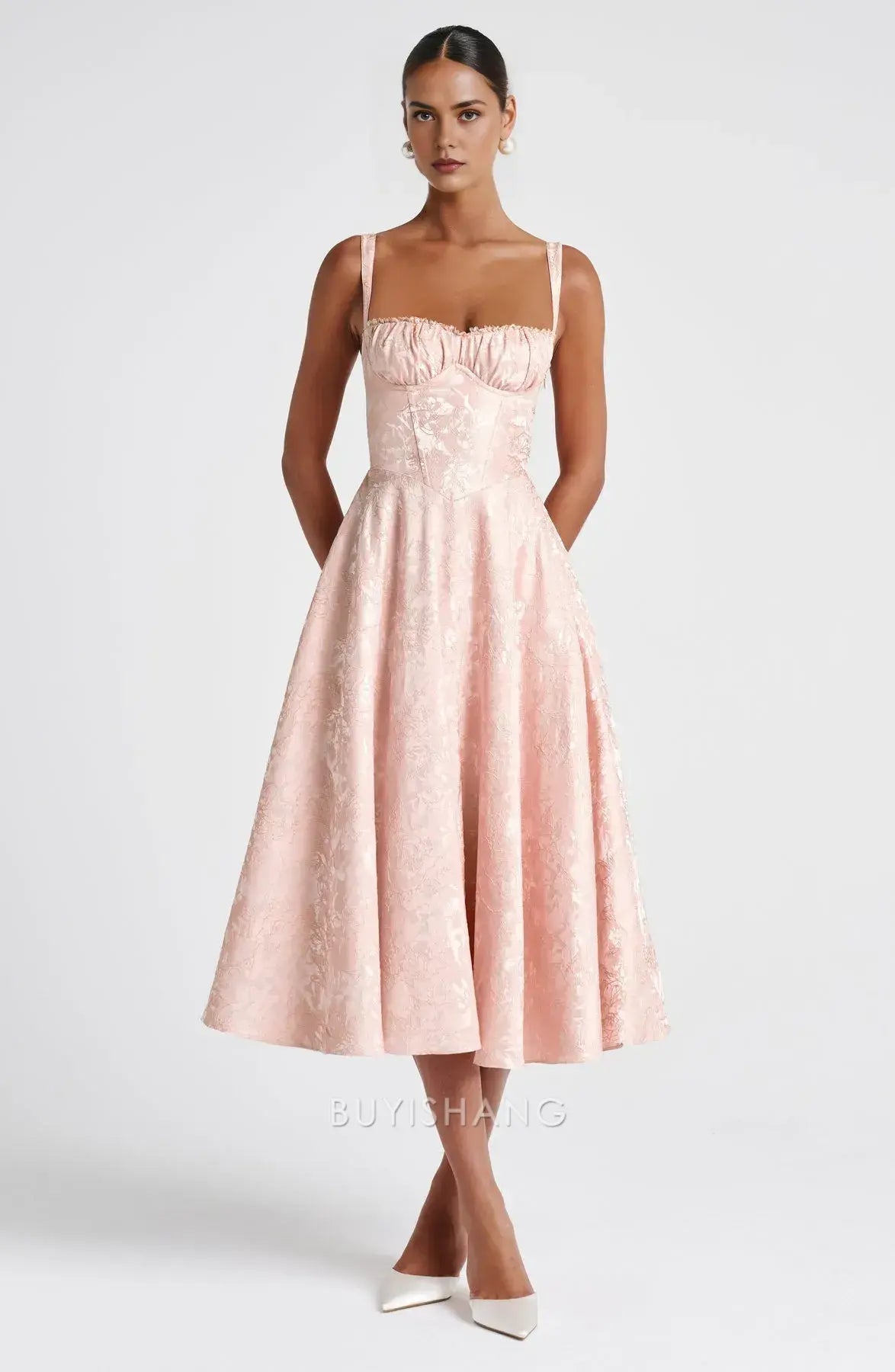 Elegant A-Line Spaghetti Strap Jacquard Midi Ball Gown with Corset Back Prom Dresses