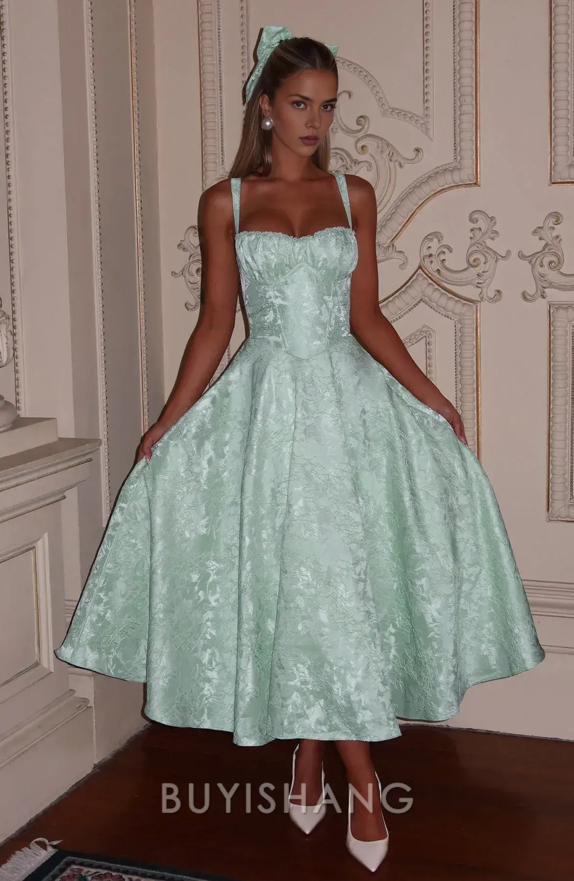 Elegant A-Line Spaghetti Strap Jacquard Midi Ball Gown with Corset Back Prom Dresses