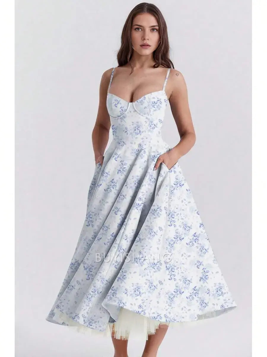 Elegant A-Line Spaghetti Strap Sweetheart Neck Floral Print Midi Dress with Pockets Prom Dresses