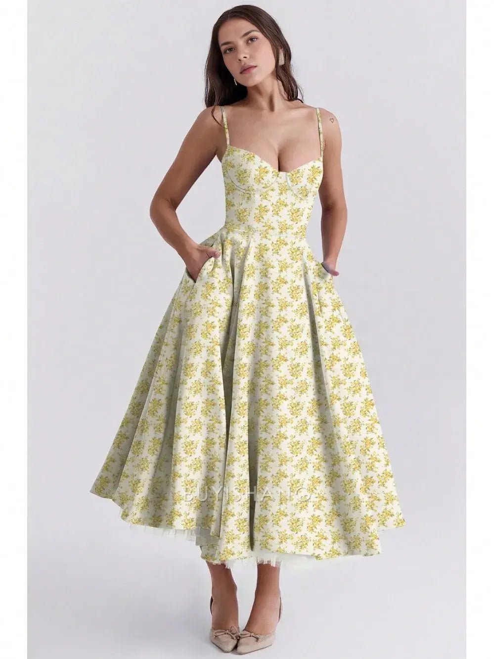 Elegant A-Line Spaghetti Strap Sweetheart Neck Floral Print Midi Dress with Pockets Prom Dresses