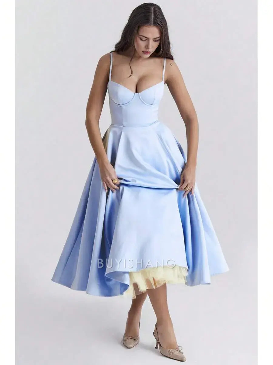 Elegant A-Line Spaghetti Strap Sweetheart Neck Midi Dress with Tulle Hem Prom Dresses