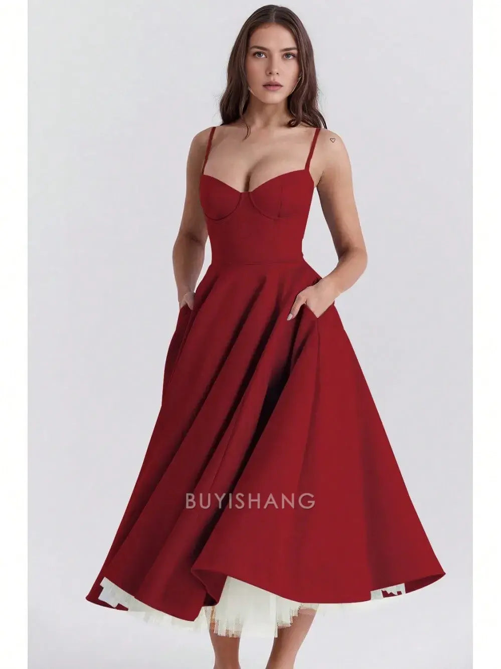 Elegant A-Line Spaghetti Strap Sweetheart Neck Midi Dress with Tulle Hem Prom Dresses