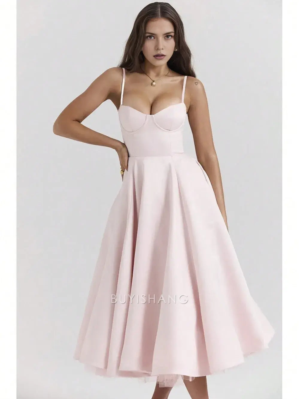Elegant A-Line Spaghetti Strap Sweetheart Neck Midi Dress with Tulle Hem Prom Dresses