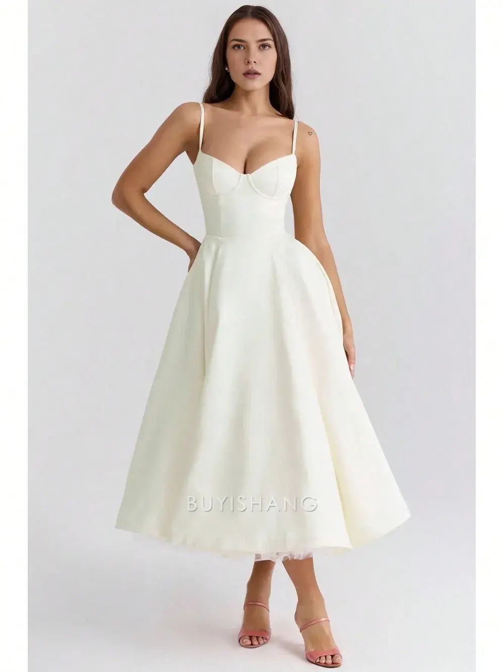 Elegant A-Line Spaghetti Strap Sweetheart Neck Midi Dress with Tulle Hem Prom Dresses
