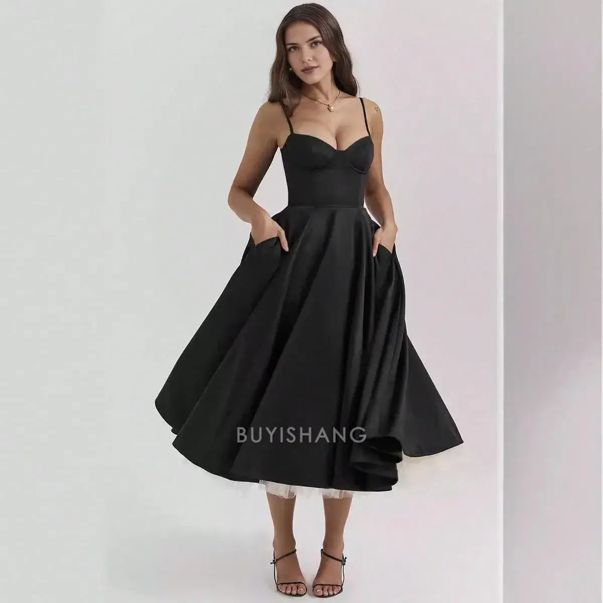 Elegant A-Line Spaghetti Strap Sweetheart Neck Midi Dress with Tulle Hem Prom Dresses