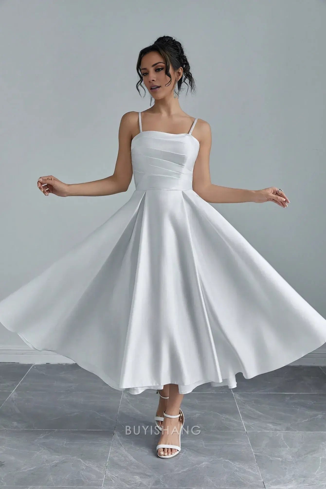 Elegant A-Line Spaghetti Straps Sleeveless Lace Up Tea-Length Prom Dress