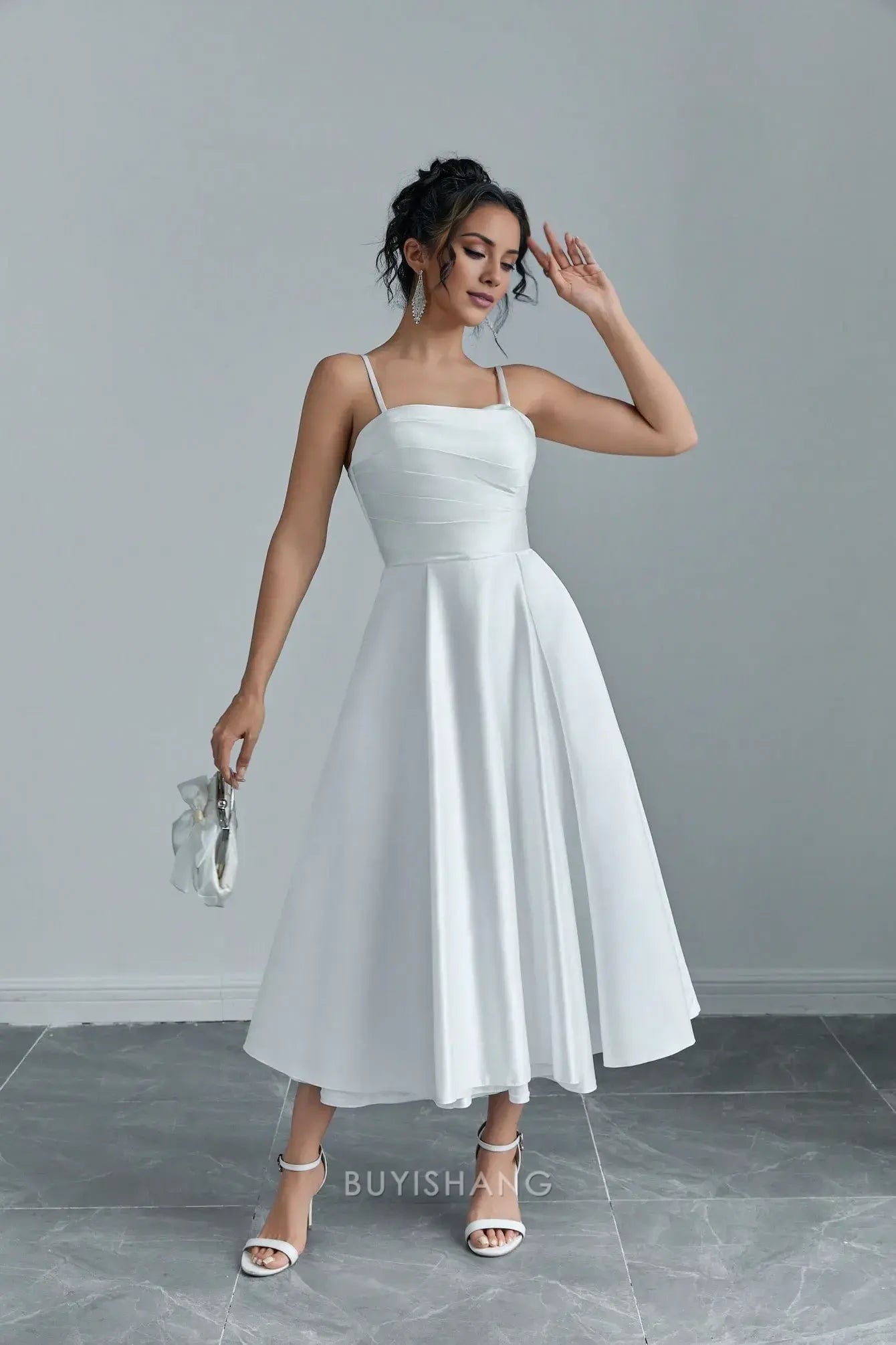 Elegant A-Line Spaghetti Straps Sleeveless Lace Up Tea-Length Prom Dress