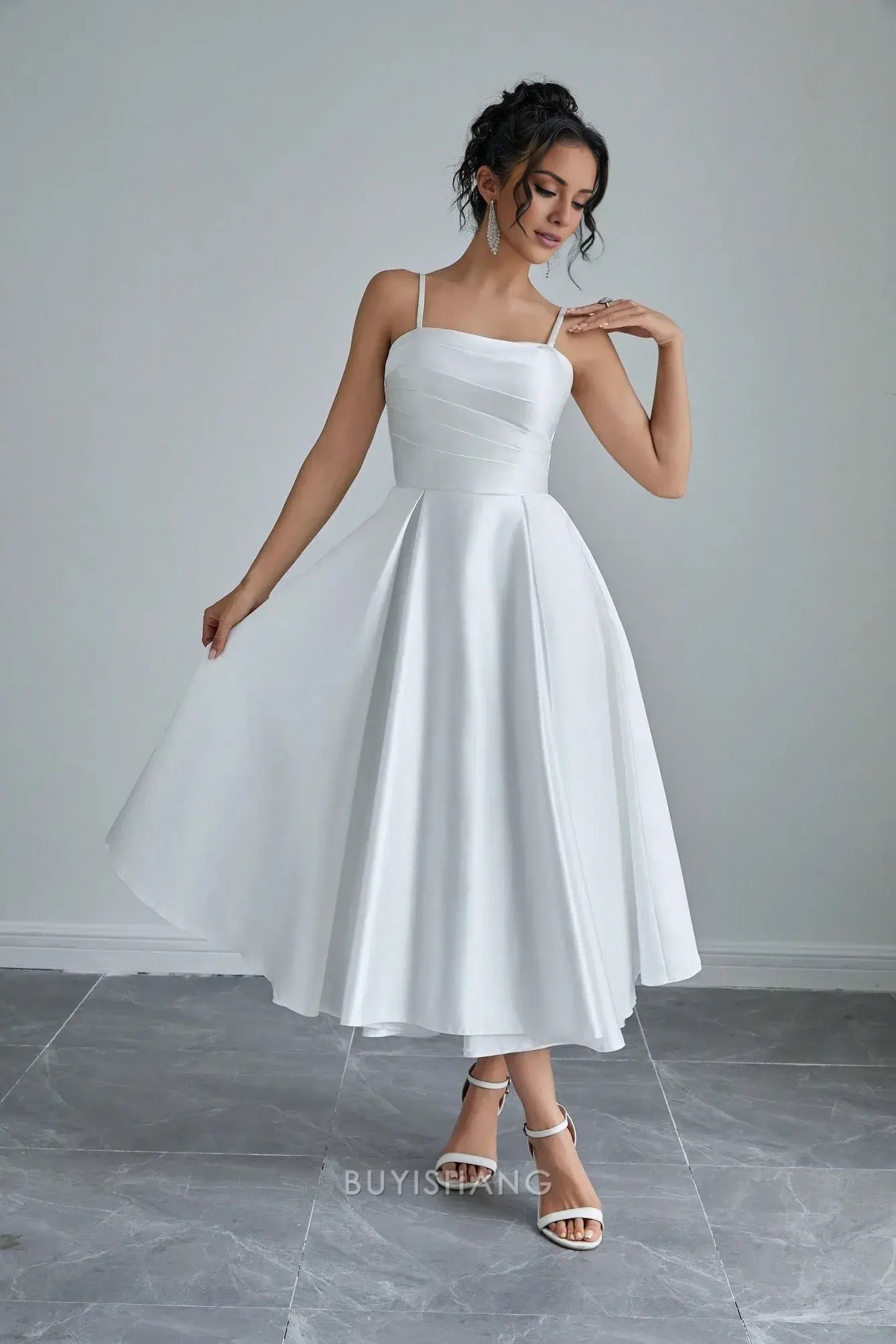 Elegant A-Line Spaghetti Straps Sleeveless Lace Up Tea-Length Prom Dress