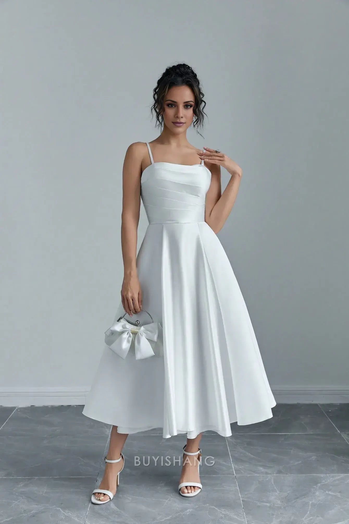 Elegant A-Line Spaghetti Straps Sleeveless Lace Up Tea-Length Prom Dress