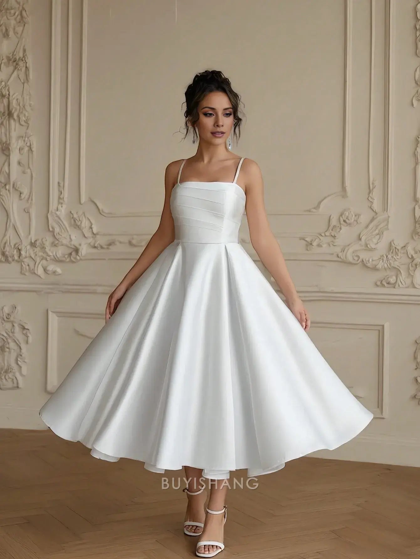 Elegant A-Line Spaghetti Straps Sleeveless Lace Up Tea-Length Prom Dress