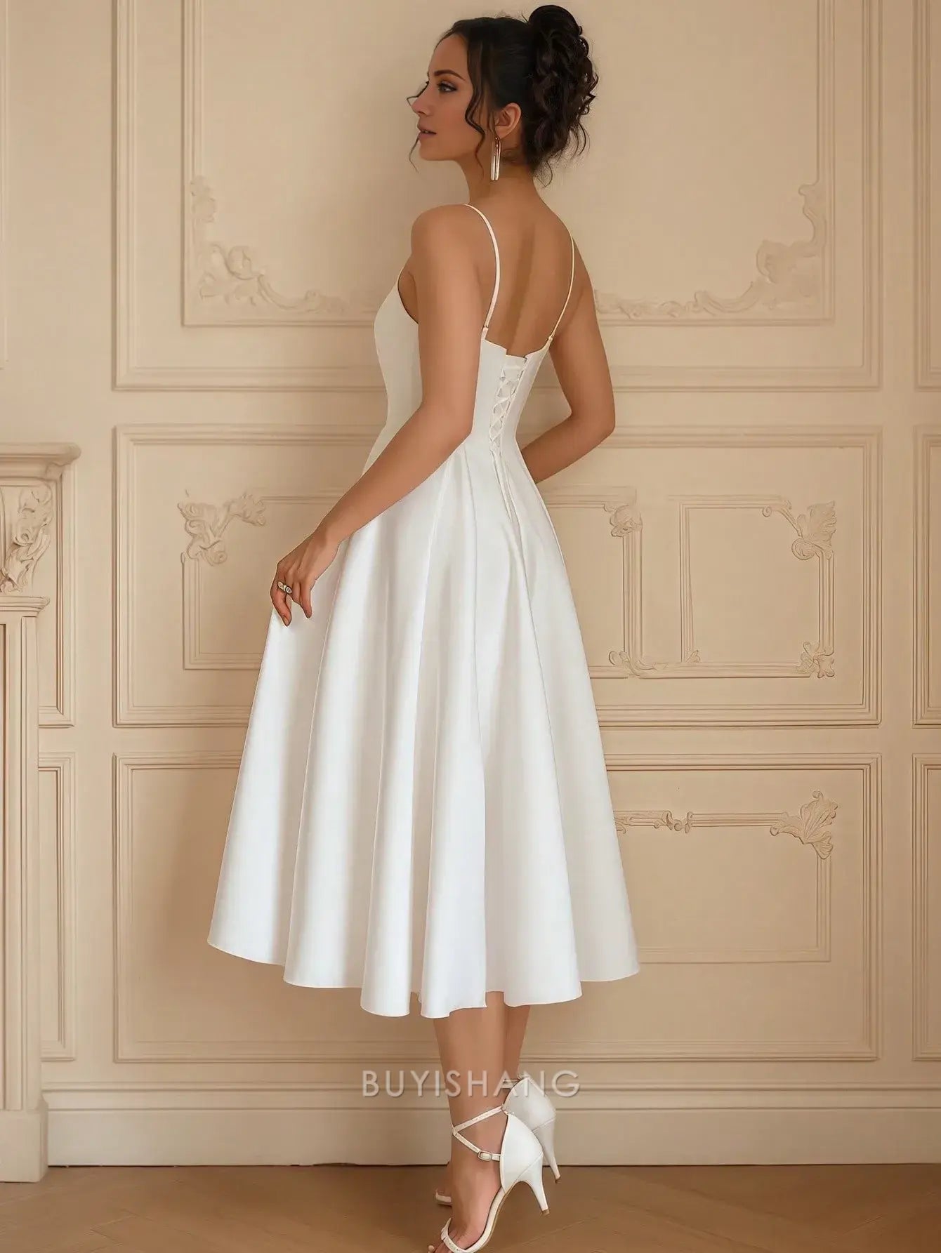 Elegant A-Line Spaghetti Straps Sleeveless Lace Up Tea-Length Prom Dress