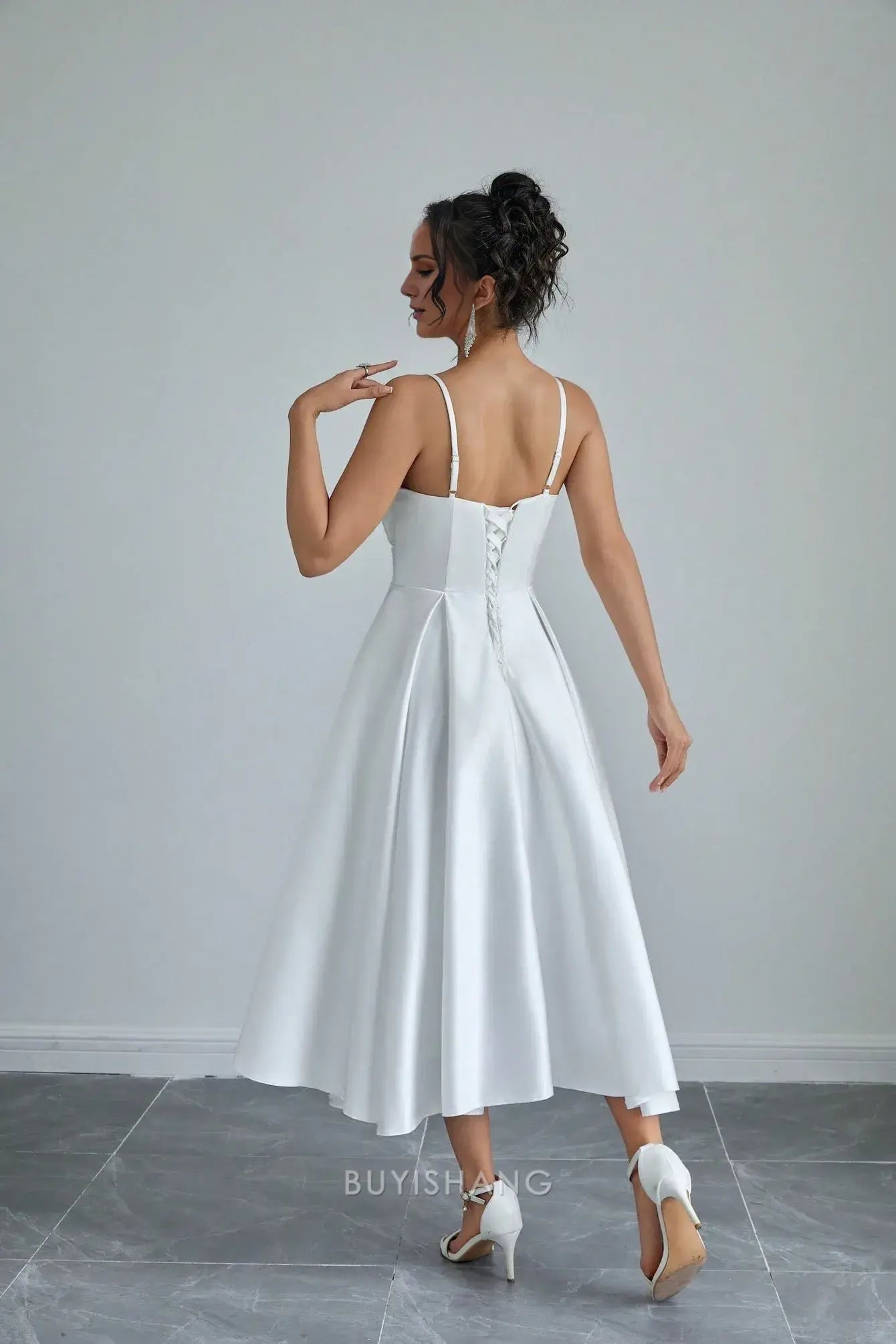 Elegant A-Line Spaghetti Straps Sleeveless Lace Up Tea-Length Prom Dress