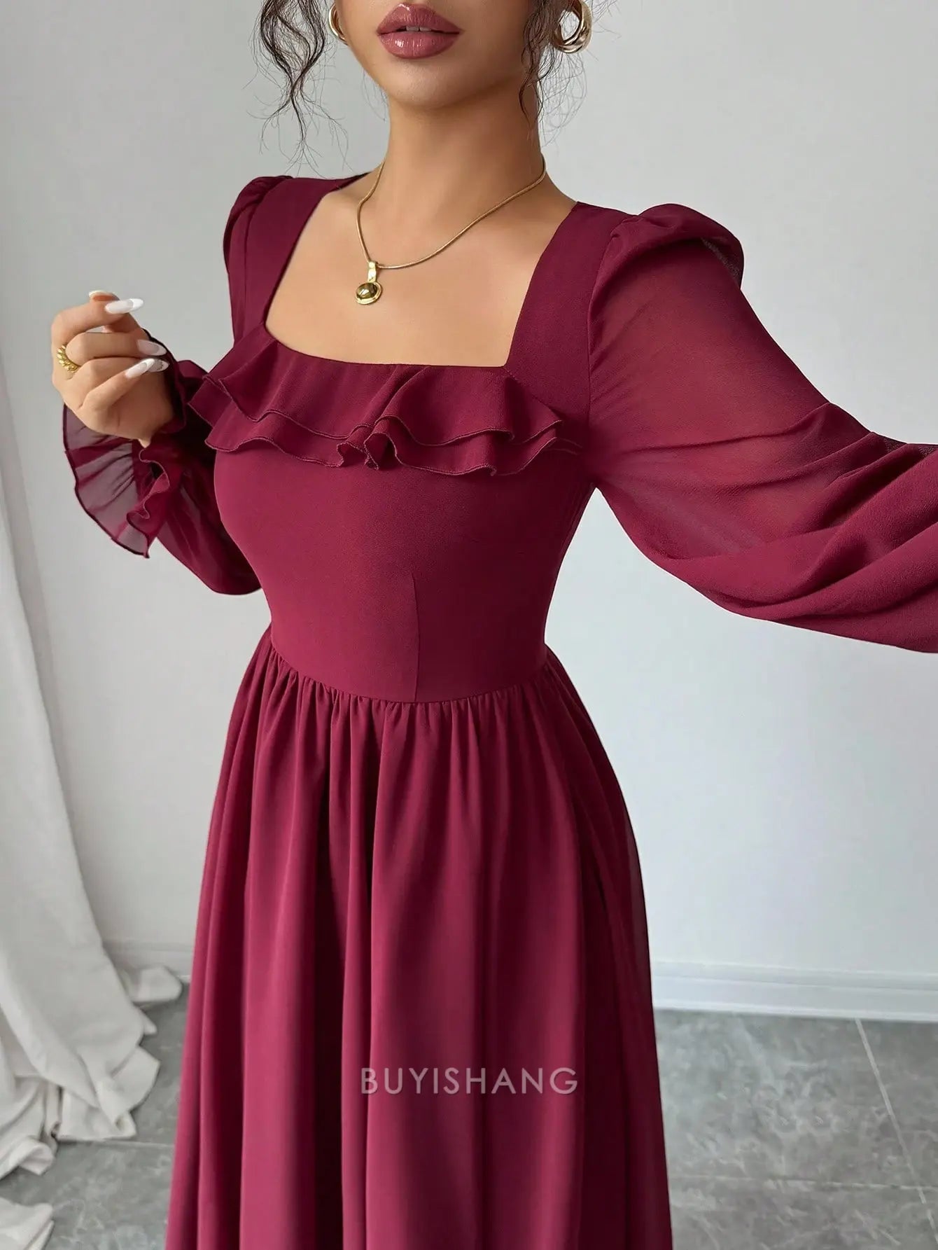 Elegant A-Line Square Neck Ruffle Detail Long Sleeve Chiffon Maxi Dress Prom Dress